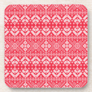 Red & White Snowflake & Floral Fair Isle Christmas Coaster