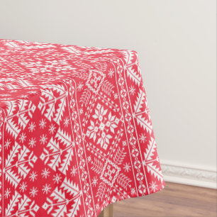 Red & White Snowflake & Floral Fair Isle Christmas Tablecloth