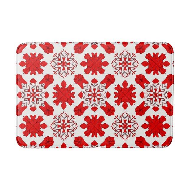 ❄️ Red White Snowflake Holiday Bathroom Decor Bath Mat (Front)