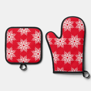 Red White Snowflake Pattern Oven Mitt & Pot Holder Set