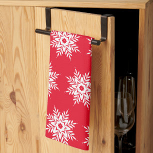 Red White Snowflake Pattern Tea Towel