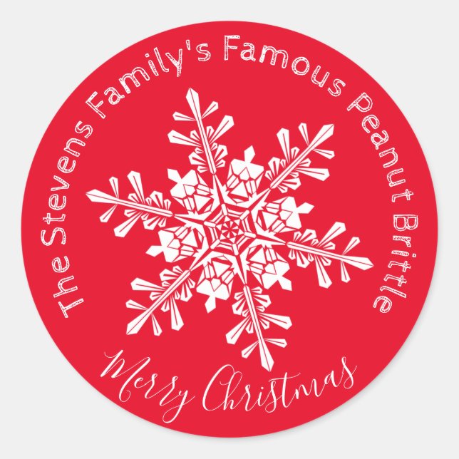 Red White Snowflake Peanut Brittle Classic Round Sticker (Front)