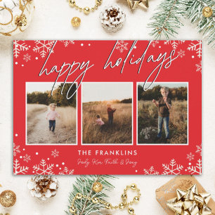 Red & White Snowflake Script Happy Holidays Photo Holiday Card