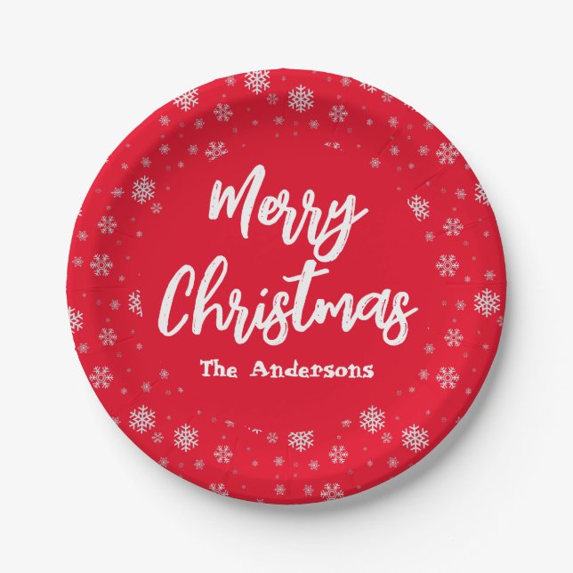 Red White Snowflake Simple Elegant Merry Christmas Paper Plate (Front)