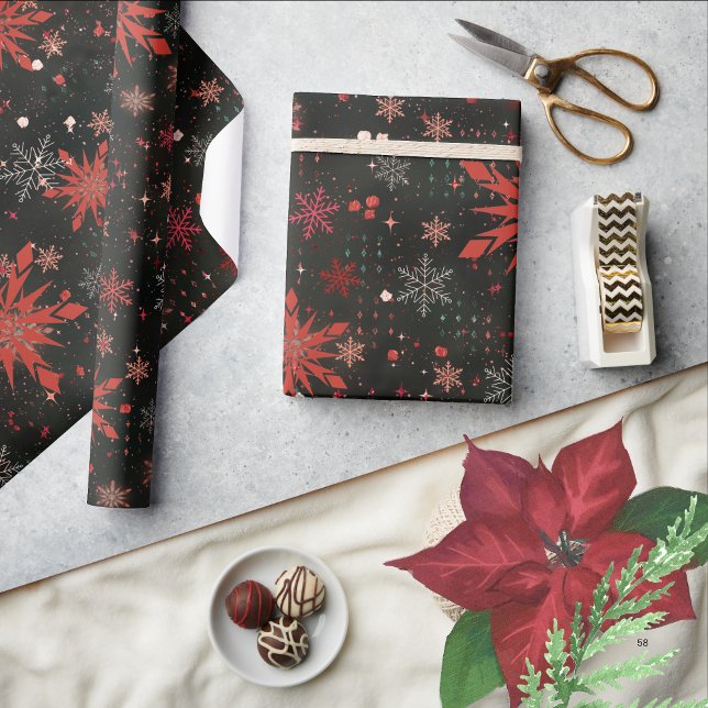 Red White Snowflakes Black Wrapping paper  (Red White Snowflakes Black Wrapping paper )