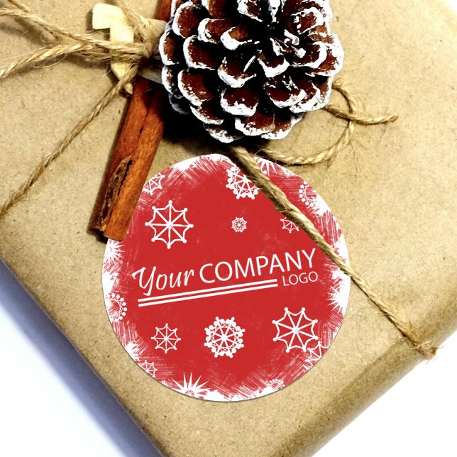 Red, White Snowflakes Logo Company Holiday Classic Round Sticker (red logo company holiday gift tags)