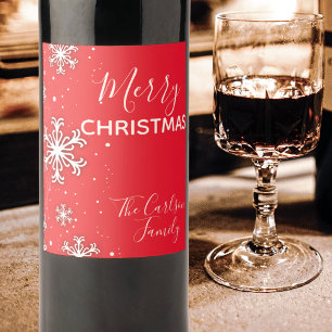 Red White Snowflakes Merry Christmas Wine Label