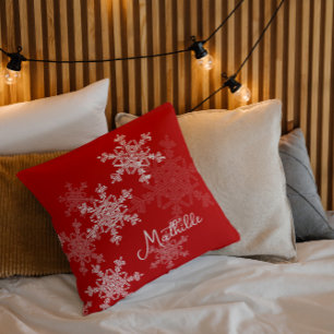 Red White Snowflakes Minimalist Christmas Name Cushion