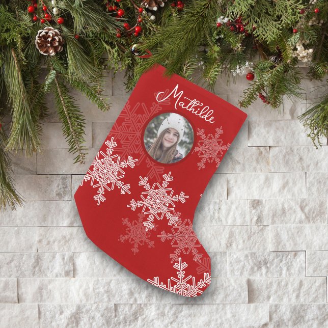 Red White Snowflakes Minimalist Christmas Photo Small Christmas Stocking (Creator Uploaded)