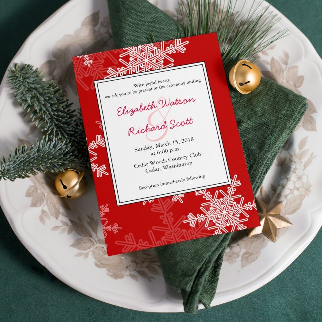 Red White Snowflakes Minimalist Christmas Wedding Invitation (Creator Uploaded)