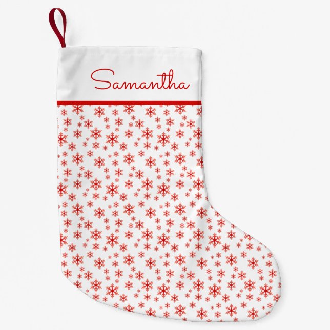 Red White Snowflakes Pattern with Name Small Christmas Stocking (Front)