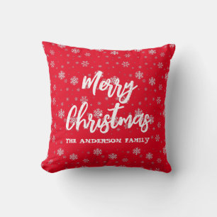 Red White Snowflakes Script Retro Family Christmas Cushion