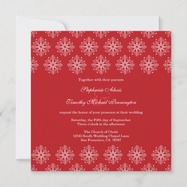 Red + white snowflakes winter wedding invitation (Front)