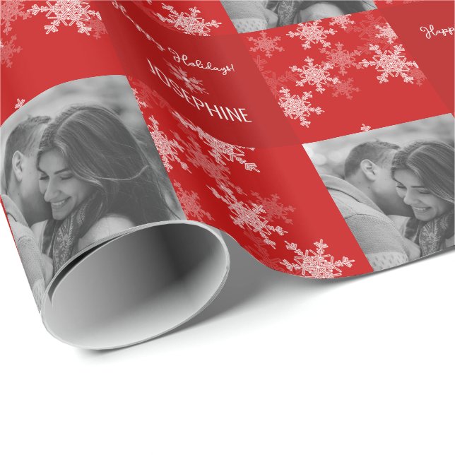 Red White Snowlfake Minimalist Photo Christmas  Wrapping Paper (Roll Corner)
