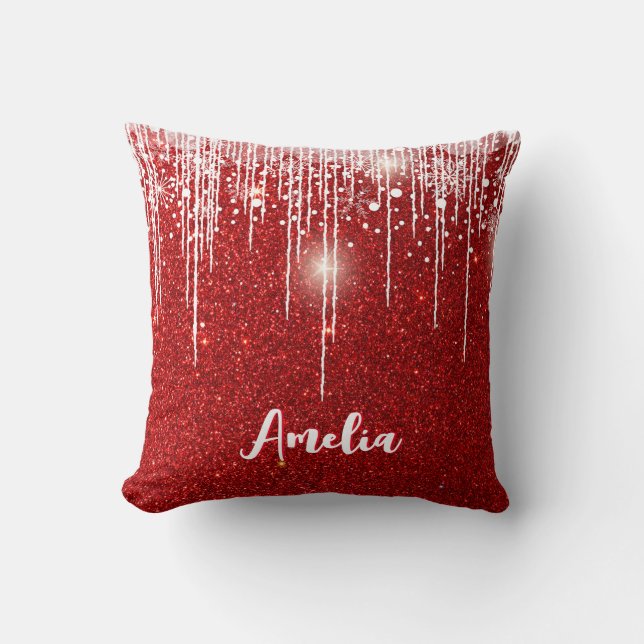 Red White Snowy Drip Snowflake Custom Name Cushion (Front)