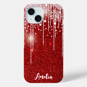 Red White Snowy Dripping Snowflake Custom Name iPhone 15 Case