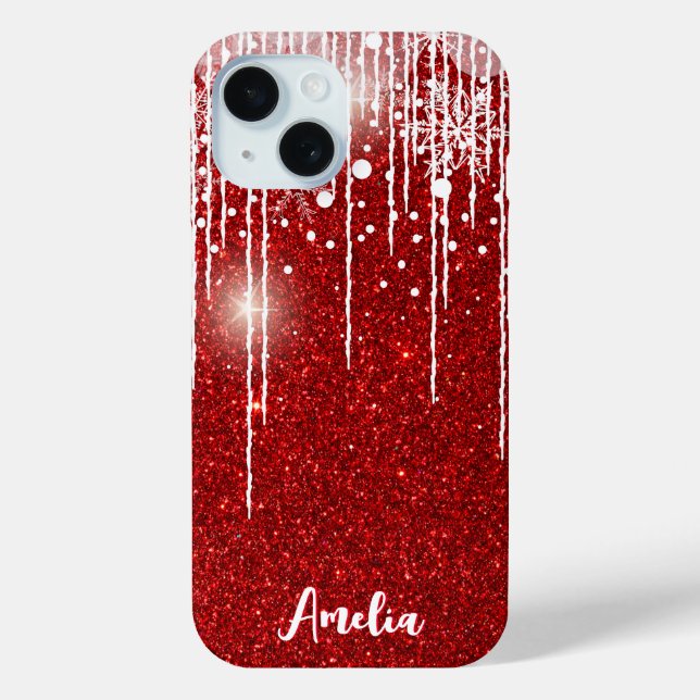 Red White Snowy Dripping Snowflake Custom Name Case-Mate iPhone Case (Back)