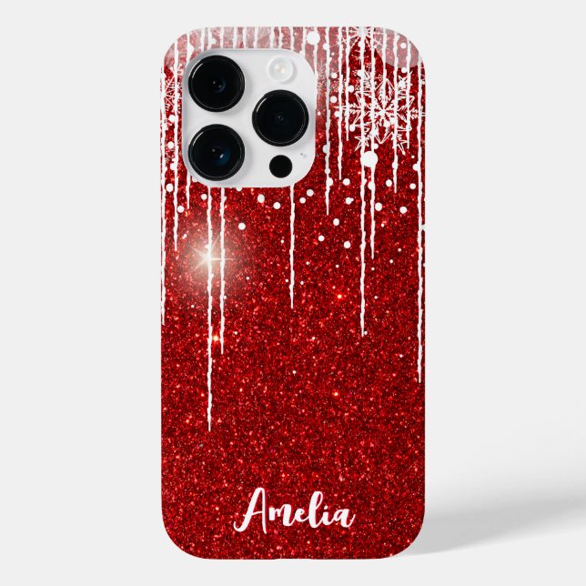 Red White Snowy Dripping Snowflake Custom Name Case-Mate iPhone Case (Back)