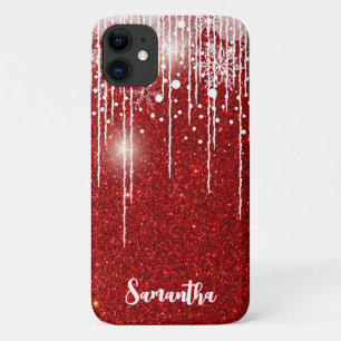 Red White Snowy Dripping Snowflake Custom Name Case-Mate iPhone Case