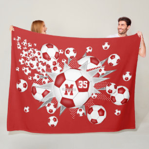 Red white soccer balls stars athlete name fleece blanket