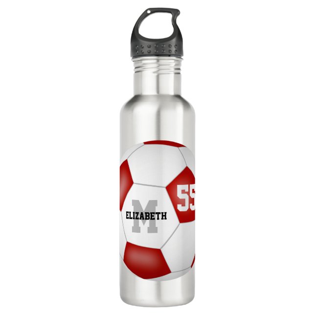red white soccer girl boy school team colours 710 ml water bottle (Front)