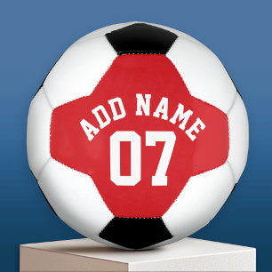 Red & White Sports Jersey Custom Name Number Soccer Ball