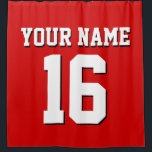 Red White Sports Jersey Team Jersey Shower Curtain<br><div class="desc">Preppy Solid Colour Team Jersey / Sports Jersey / Football Jersey / Rugby Jersey with Custom Name Customise this with your own name or team name and a number. You can change the size, colour and placement of the text if you need to make changes, change the colour of or...</div>