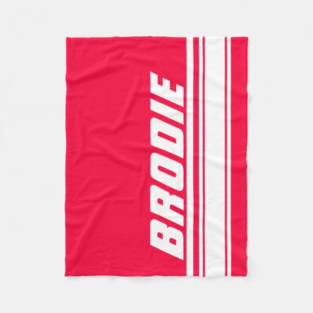 Red white sports stripe custom name fleece blanket (Front)