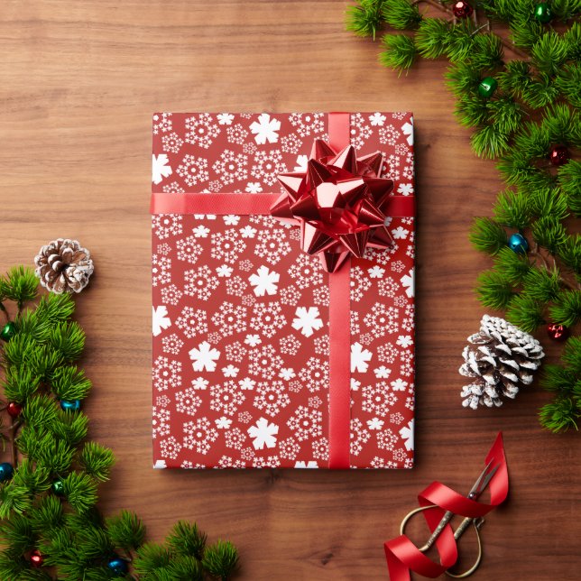 Red & White Star & Snowflake Pattern Wrapping Paper (Holiday Gift)
