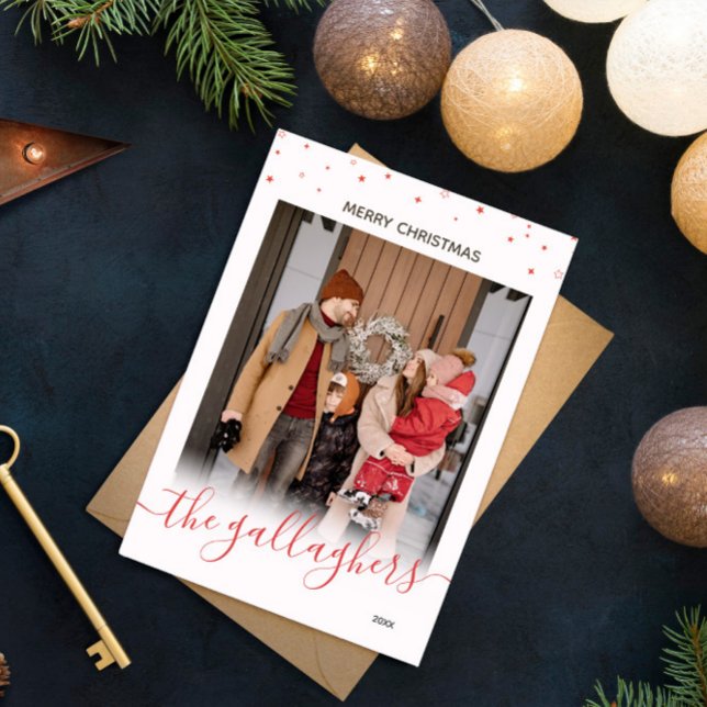 Red White Stars Name In Script Christmas Photo Holiday Card (Creator Uploaded)
