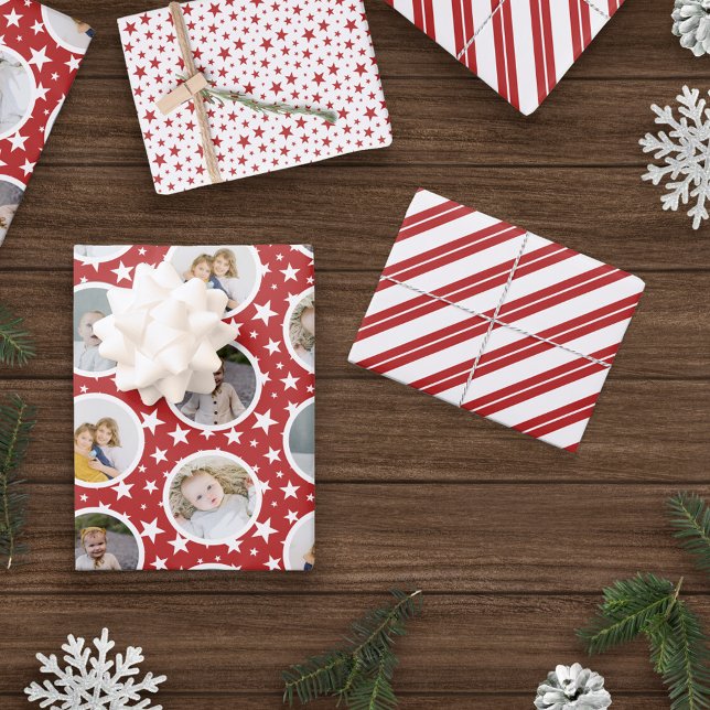 Red White Stars Stripes Photo Collage Christmas Wrapping Paper Sheet (Creator Uploaded)