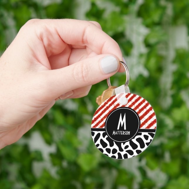 Red White Stripe Black Pattern Monogram Key Ring (Hand)
