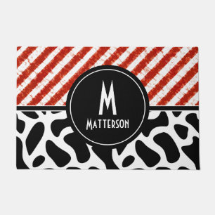 Red White Stripe Black White Pattern Monogram    Doormat