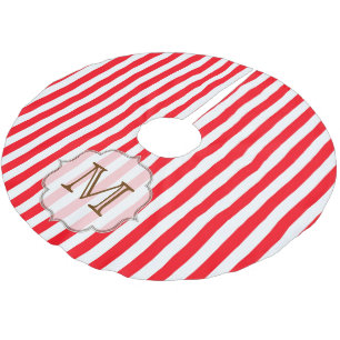 Red White Stripe Candy Monogram Initial Tree Skirt