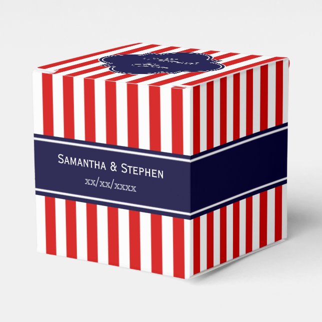 Red White Stripe Navy Blue Name Monogram Favour Box (Front Side)