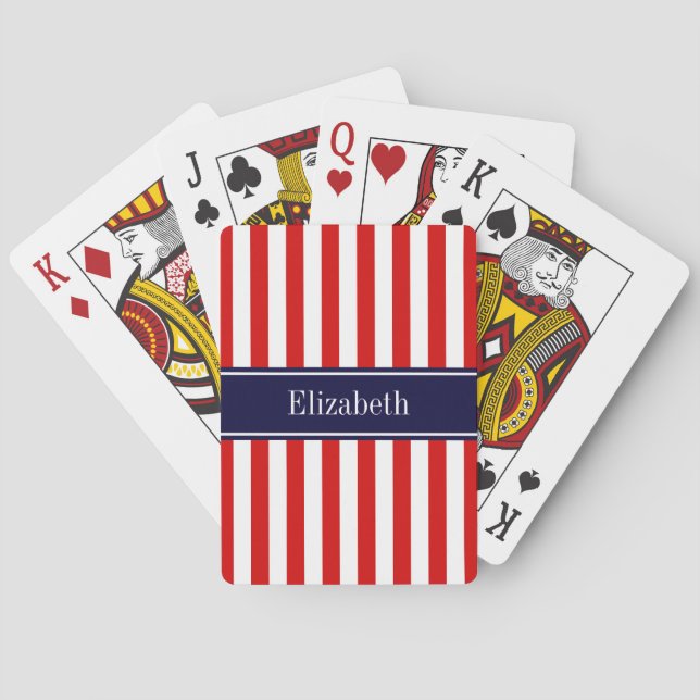 Red White Stripe Navy Blue Name Monogram Playing Cards (Back)