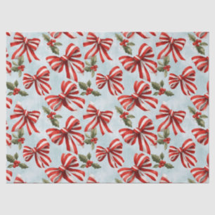 Red White Striped Bows Christmas Holly Tissue Paper