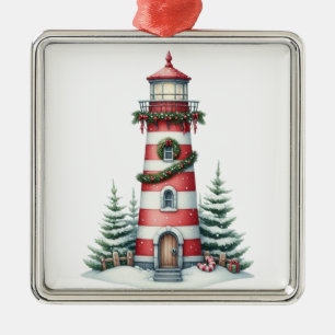 RED & WHITE STRIPED NAUTICAL CHRISTMAS LIGHTHOUSE METAL TREE DECORATION