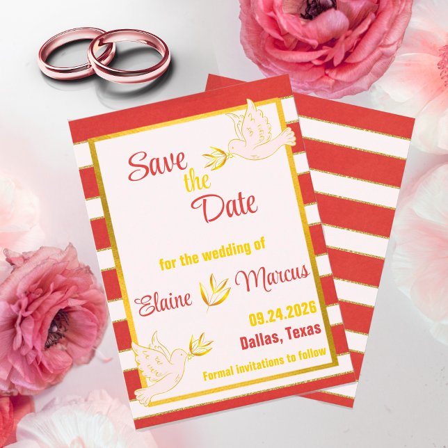 Red-White Striped with Golden Border Save the Date Invitation (Creator Uploaded)