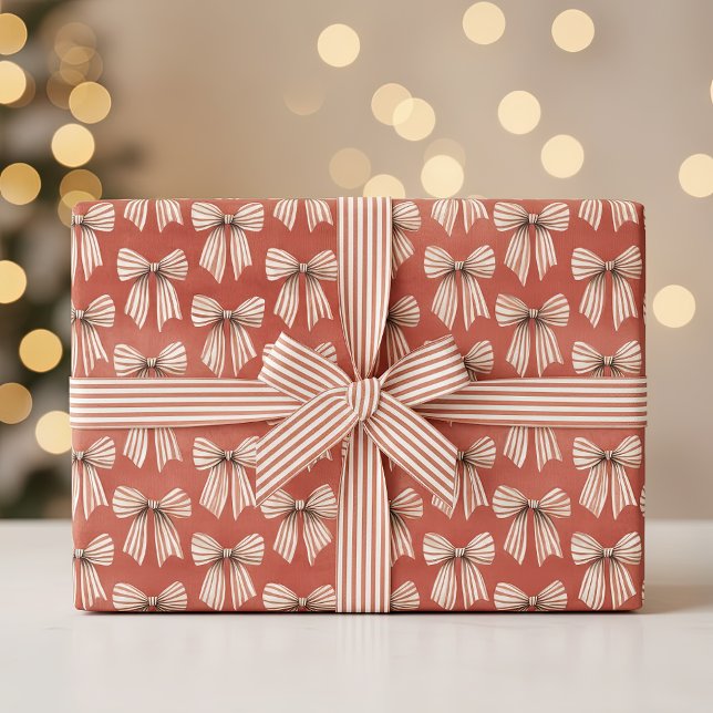 Red White Stripes Bows Christmas Wrapping Paper (Red white stripes bows Christmas wrapping paper roll)
