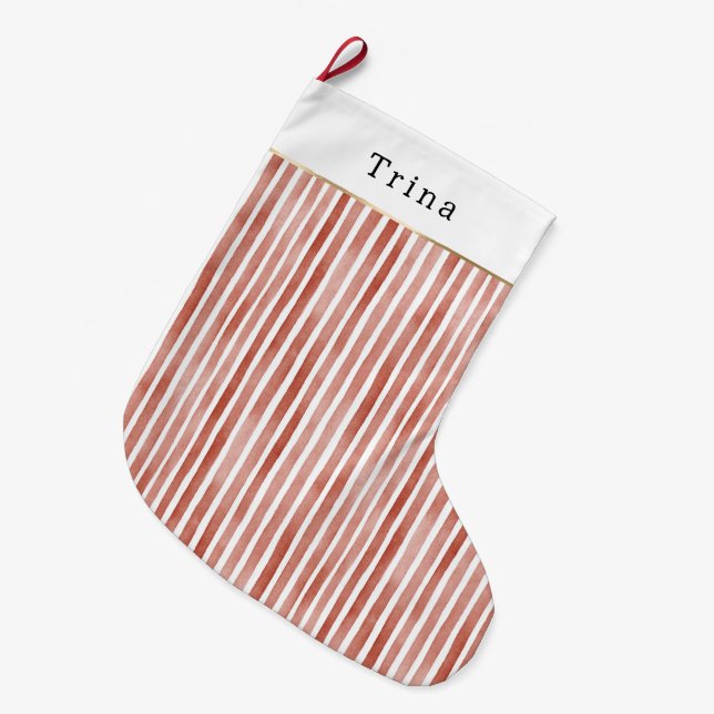 Red White Stripes Christmas Large Christmas Stocking (Front (Hanging))