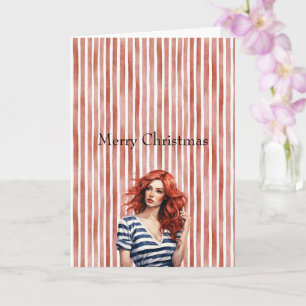 Red White Stripes Christmas Woman Red Hair Card