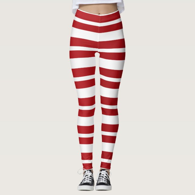 Red & White Stripes Festive Holiday Christmas Leggings (Front)