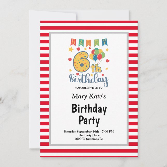 Red/White Stripes Framed 6th Birthday Party Invitation (Front)
