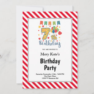 Red/White Stripes Framed 7th Birthday Party Invitation