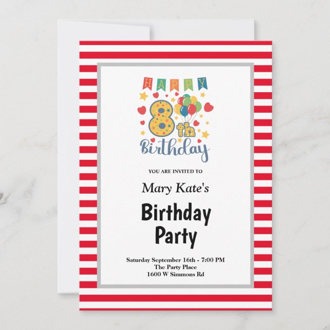 Red/White Stripes Framed 8th Birthday Party Invitation (Front)