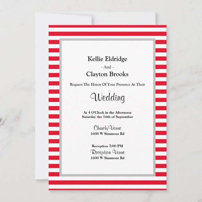 Red/White Stripes Framed Wedding Invitation (Front)