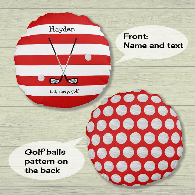Red white stripes golf text add name round cushion (Creator Uploaded)