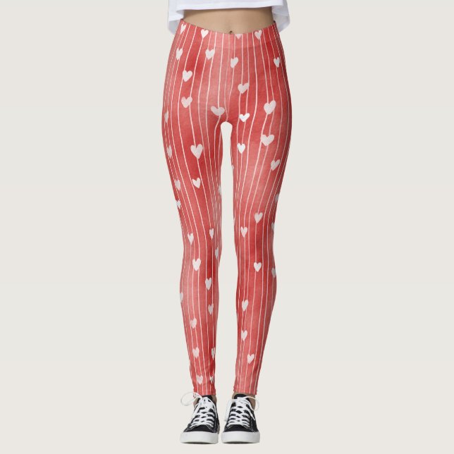 Red White Stripes Hearts Leggings (Front)