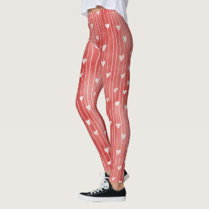 Red White Stripes Hearts Leggings